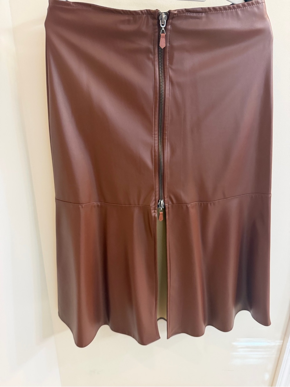 Chocolate Brown Vegan Leather Midi Skirt with Front Zip